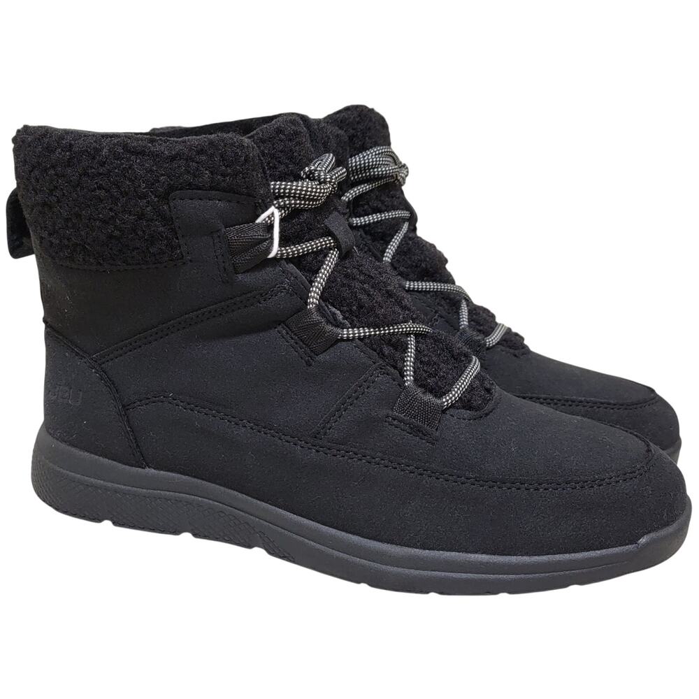 JBU Women Combat Hiking Faux Fur Cuff Boots Freeze Size US 8.5M Black Faux Suede